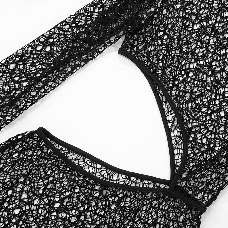 Chic Black Crochet Mesh 3-Piece Swim Set – Long Sleeve Cutout Mini Dress & Bikini for Fall Vacations