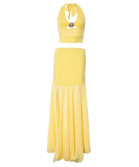 Effortless Elegance: Vibrant Yellow Floral Halter Top & Flowy Maxi Skirt Set - Resort & Vacation Ready