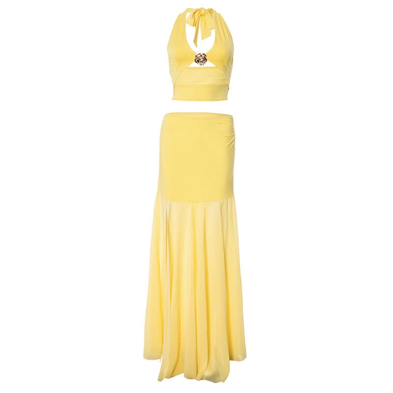 Effortless Elegance: Vibrant Yellow Floral Halter Top & Flowy Maxi Skirt Set - Resort & Vacation Ready