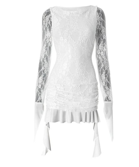 Coquette Lace Long Sleeve Mini Dress - Ethereal White Ruffle & Tie Detail Dress for Fall Parties