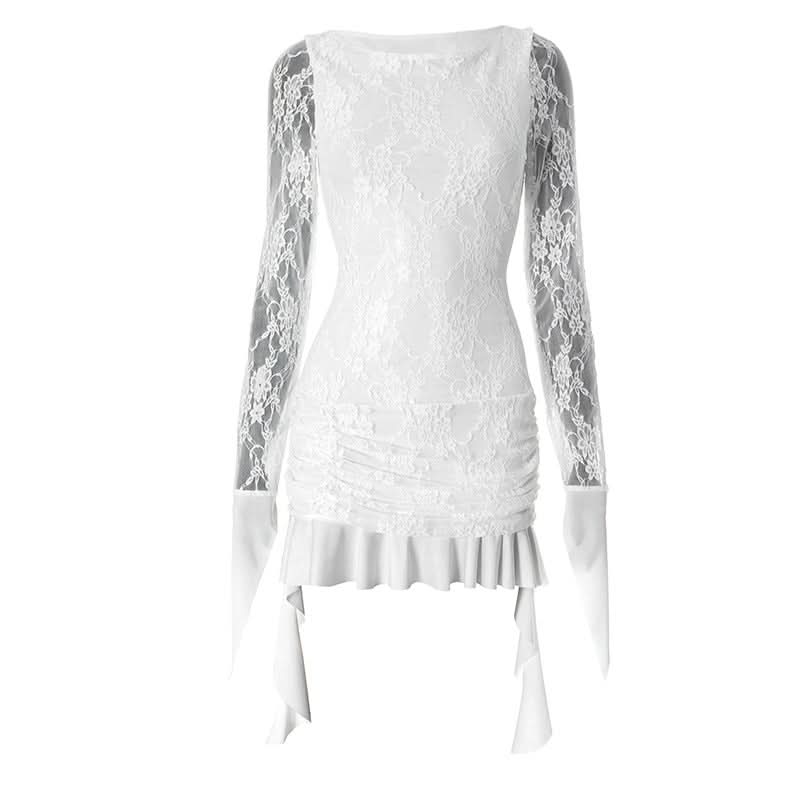 Coquette Lace Long Sleeve Mini Dress - Ethereal White Ruffle & Tie Detail Dress for Fall Parties