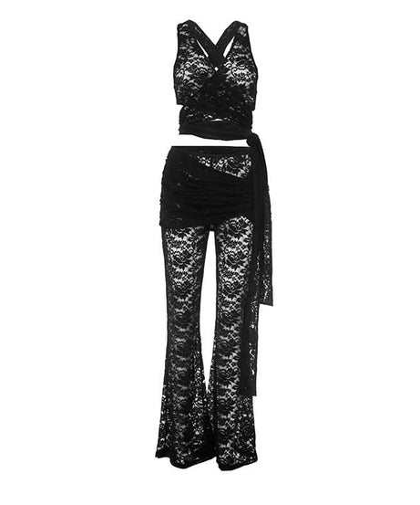 Spooky Chic Black Lace Two-Piece Set: Wrap Crop Top & Flare Pants – Your Ultimate Halloween & Fall Party Outfit