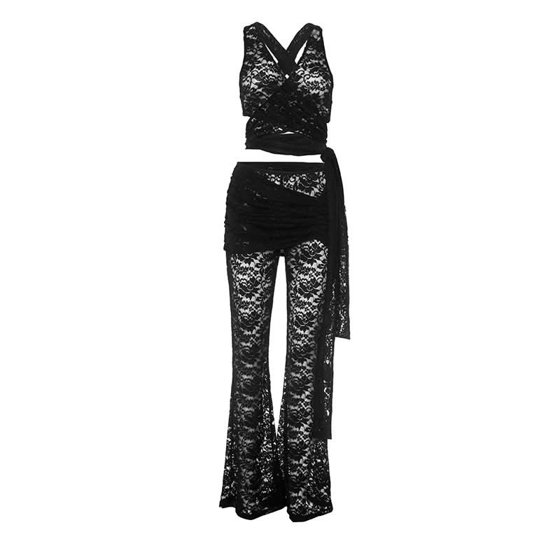 Spooky Chic Black Lace Two-Piece Set: Wrap Crop Top & Flare Pants – Your Ultimate Halloween & Fall Party Outfit