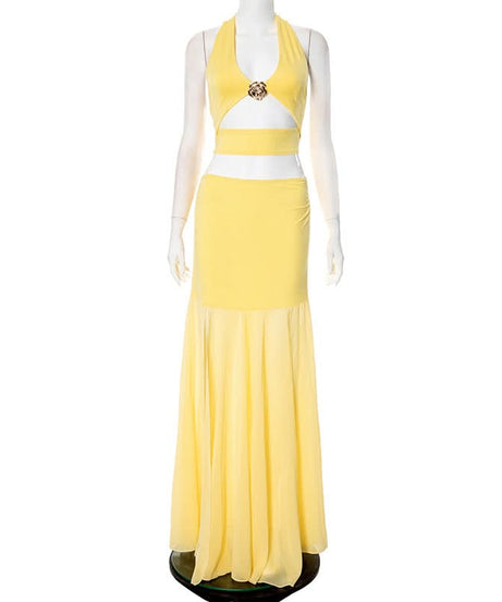 Effortless Elegance: Vibrant Yellow Floral Halter Top & Flowy Maxi Skirt Set - Resort & Vacation Ready