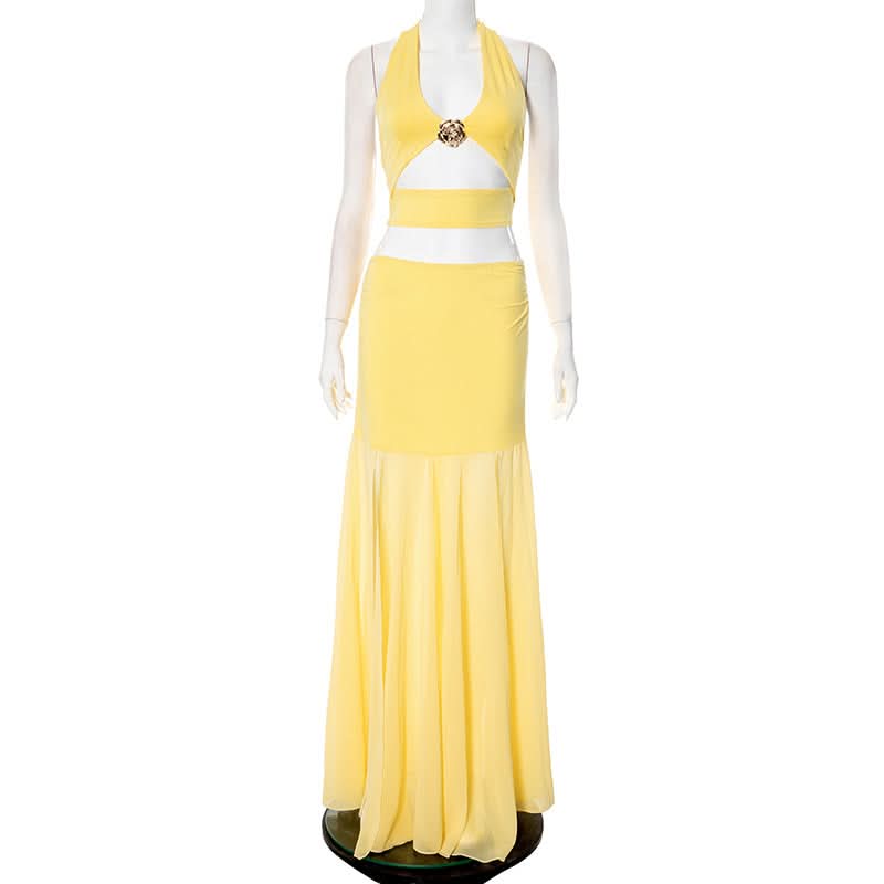 Effortless Elegance: Vibrant Yellow Floral Halter Top & Flowy Maxi Skirt Set - Resort & Vacation Ready