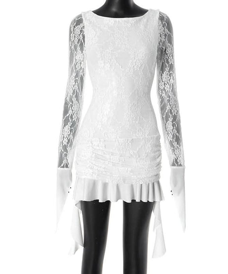 Coquette Lace Long Sleeve Mini Dress - Ethereal White Ruffle & Tie Detail Dress for Fall Parties