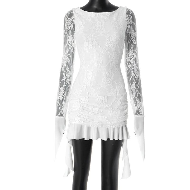 Coquette Lace Long Sleeve Mini Dress - Ethereal White Ruffle & Tie Detail Dress for Fall Parties