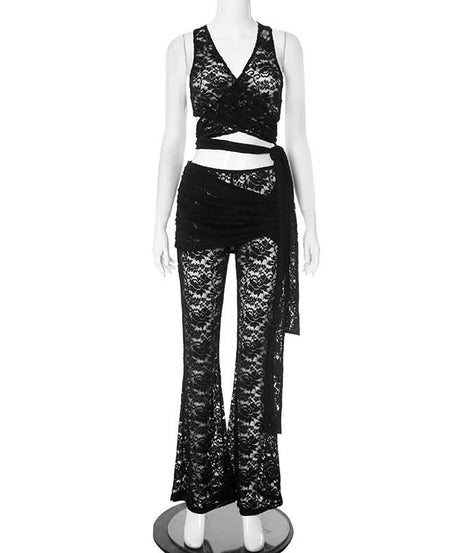 Spooky Chic Black Lace Two-Piece Set: Wrap Crop Top & Flare Pants – Your Ultimate Halloween & Fall Party Outfit