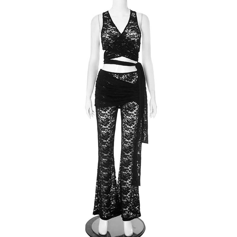 Spooky Chic Black Lace Two-Piece Set: Wrap Crop Top & Flare Pants – Your Ultimate Halloween & Fall Party Outfit