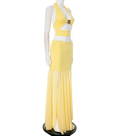Effortless Elegance: Vibrant Yellow Floral Halter Top & Flowy Maxi Skirt Set - Resort & Vacation Ready