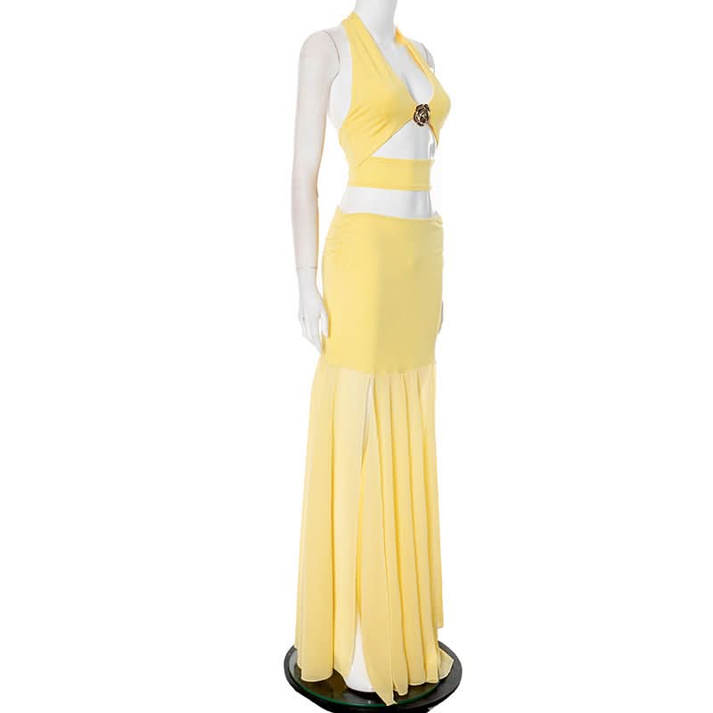 Effortless Elegance: Vibrant Yellow Floral Halter Top & Flowy Maxi Skirt Set - Resort & Vacation Ready