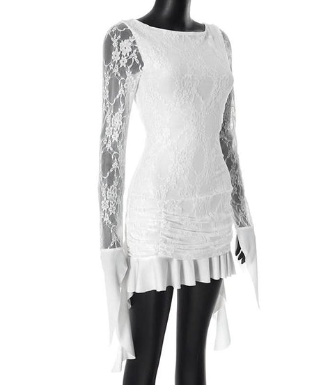 Coquette Lace Long Sleeve Mini Dress - Ethereal White Ruffle & Tie Detail Dress for Fall Parties