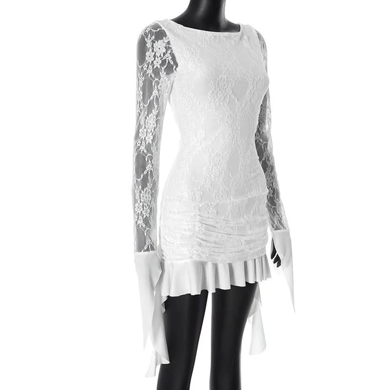 Coquette Lace Long Sleeve Mini Dress - Ethereal White Ruffle & Tie Detail Dress for Fall Parties