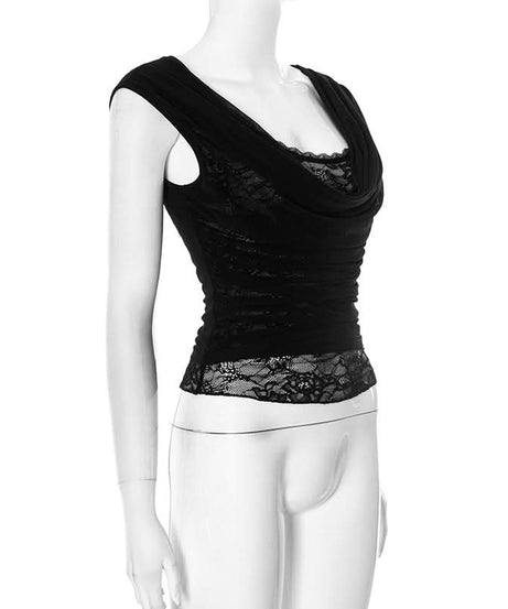 Sophisticated Black Lace Cowl Neck Ruched Top – Your Fall & Holiday Go-To