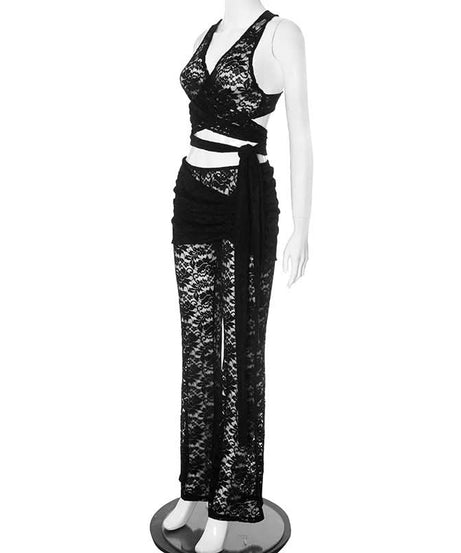 Spooky Chic Black Lace Two-Piece Set: Wrap Crop Top & Flare Pants – Your Ultimate Halloween & Fall Party Outfit
