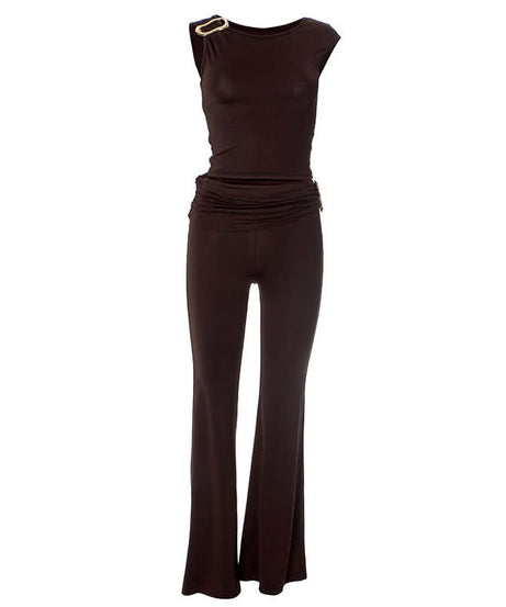 Effortless Fall Glam: Luxe Gold-Detail Ruched Top & Flare Pant Set