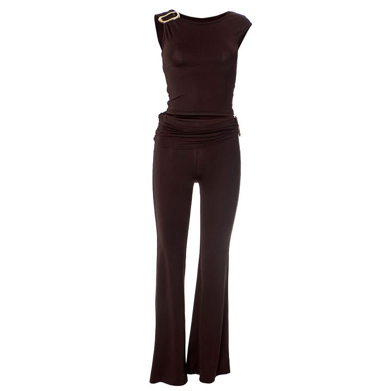 Effortless Fall Glam: Luxe Gold-Detail Ruched Top & Flare Pant Set