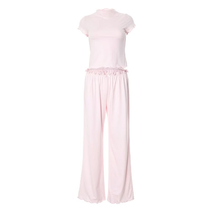 Women's Soft Pink Ruffle Loungewear Set - Cozy Wide-Leg Pants for Fall Relaxation