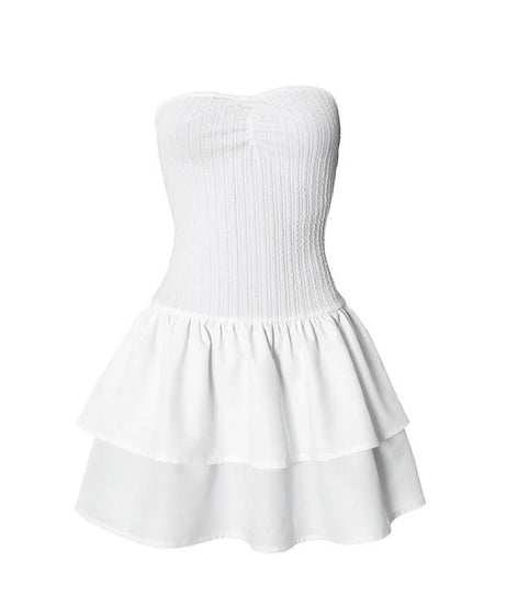 Flirty Ribbed Strapless Tiered Mini Dress | Chic White for Fall Parties & Vacation