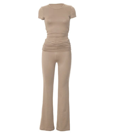 Effortless Fall Chic: Ruched Short Sleeve Top & High-Rise Flare Pants Set