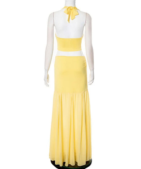 Effortless Elegance: Vibrant Yellow Floral Halter Top & Flowy Maxi Skirt Set - Resort & Vacation Ready