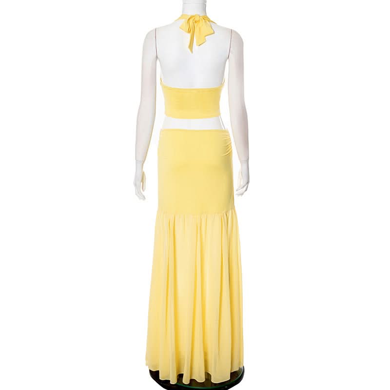 Effortless Elegance: Vibrant Yellow Floral Halter Top & Flowy Maxi Skirt Set - Resort & Vacation Ready