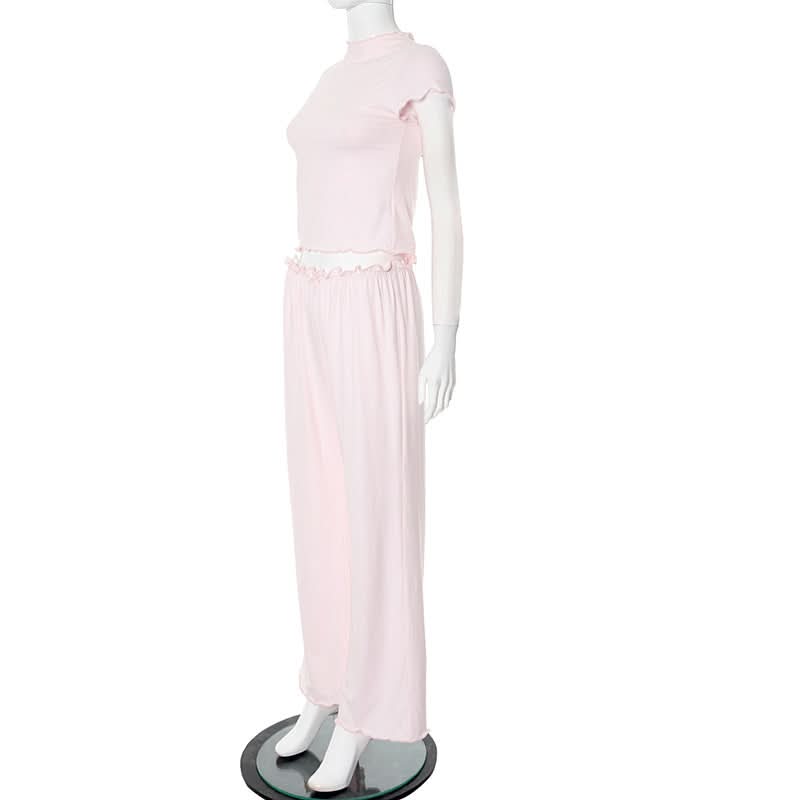 Women's Soft Pink Ruffle Loungewear Set - Cozy Wide-Leg Pants for Fall Relaxation