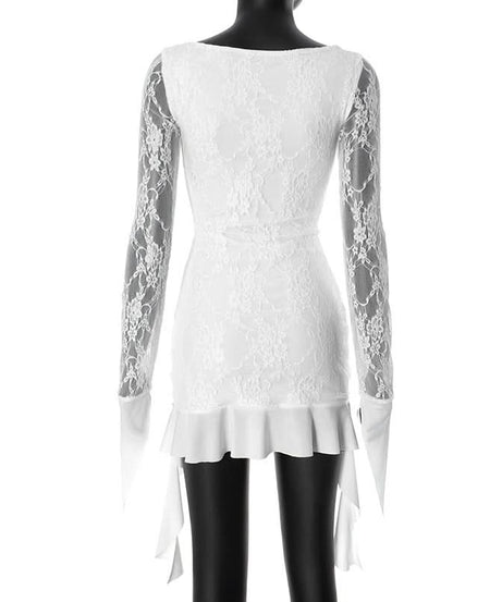 Coquette Lace Long Sleeve Mini Dress - Ethereal White Ruffle & Tie Detail Dress for Fall Parties