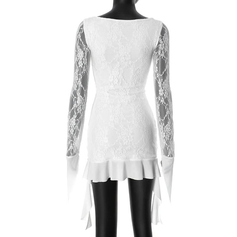 Coquette Lace Long Sleeve Mini Dress - Ethereal White Ruffle & Tie Detail Dress for Fall Parties