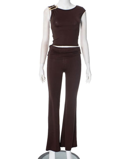 Effortless Fall Glam: Luxe Gold-Detail Ruched Top & Flare Pant Set