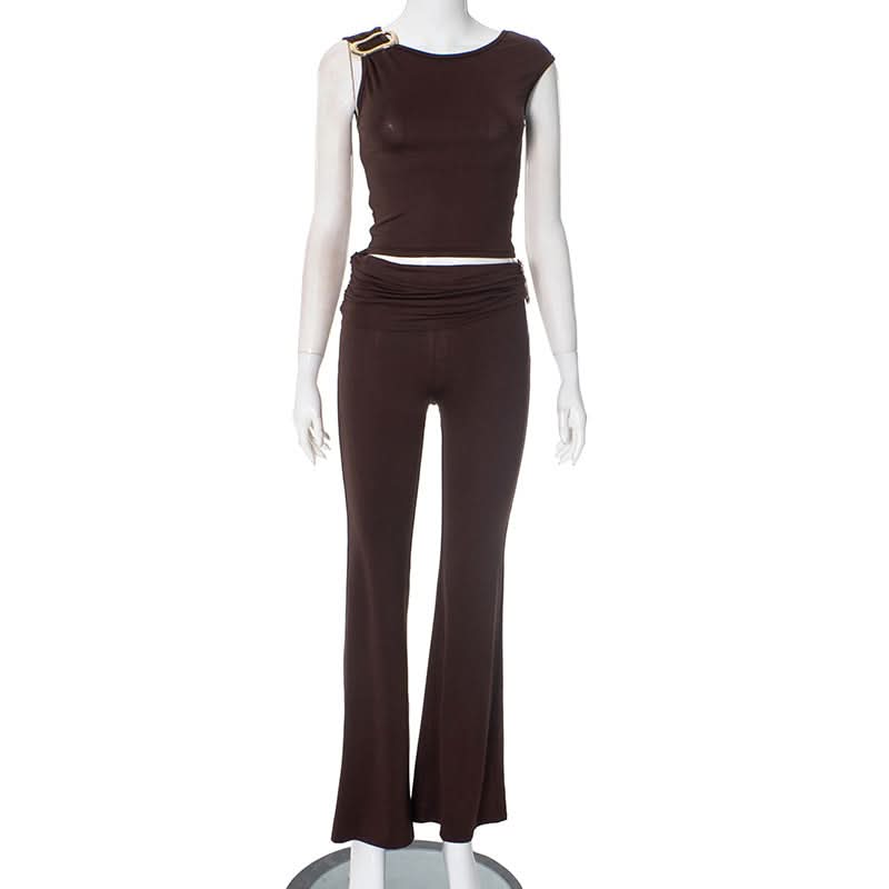 Effortless Fall Glam: Luxe Gold-Detail Ruched Top & Flare Pant Set