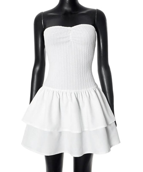 Flirty Ribbed Strapless Tiered Mini Dress | Chic White for Fall Parties & Vacation