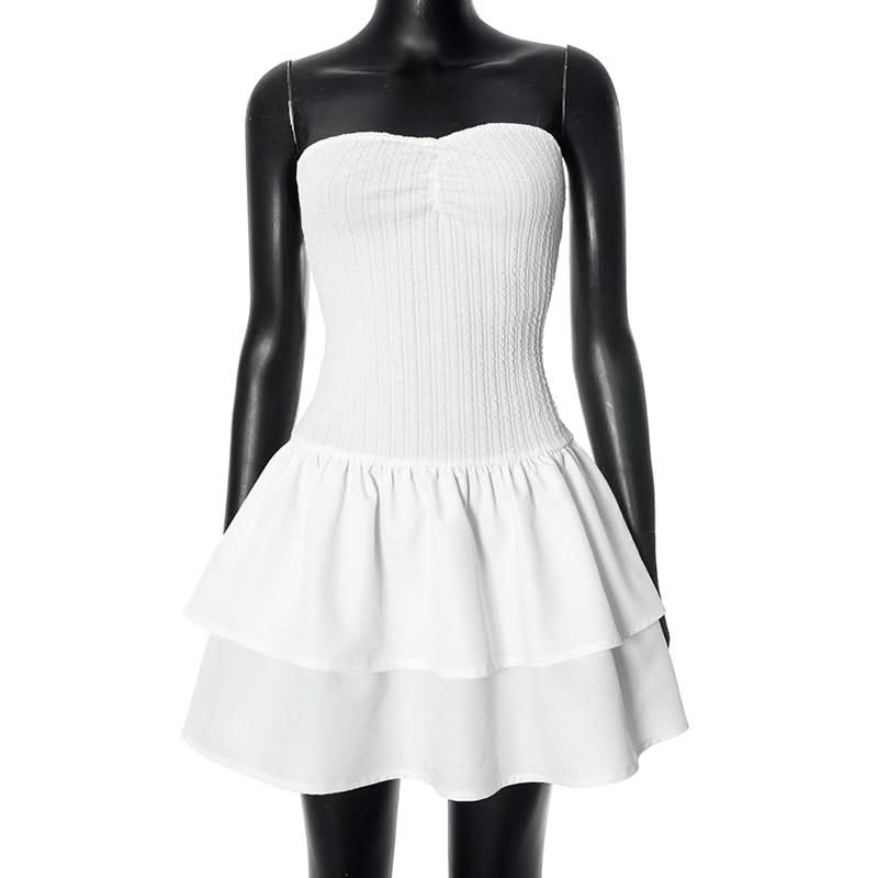 Flirty Ribbed Strapless Tiered Mini Dress | Chic White for Fall Parties & Vacation