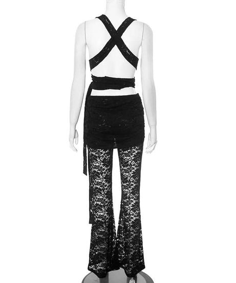 Spooky Chic Black Lace Two-Piece Set: Wrap Crop Top & Flare Pants – Your Ultimate Halloween & Fall Party Outfit