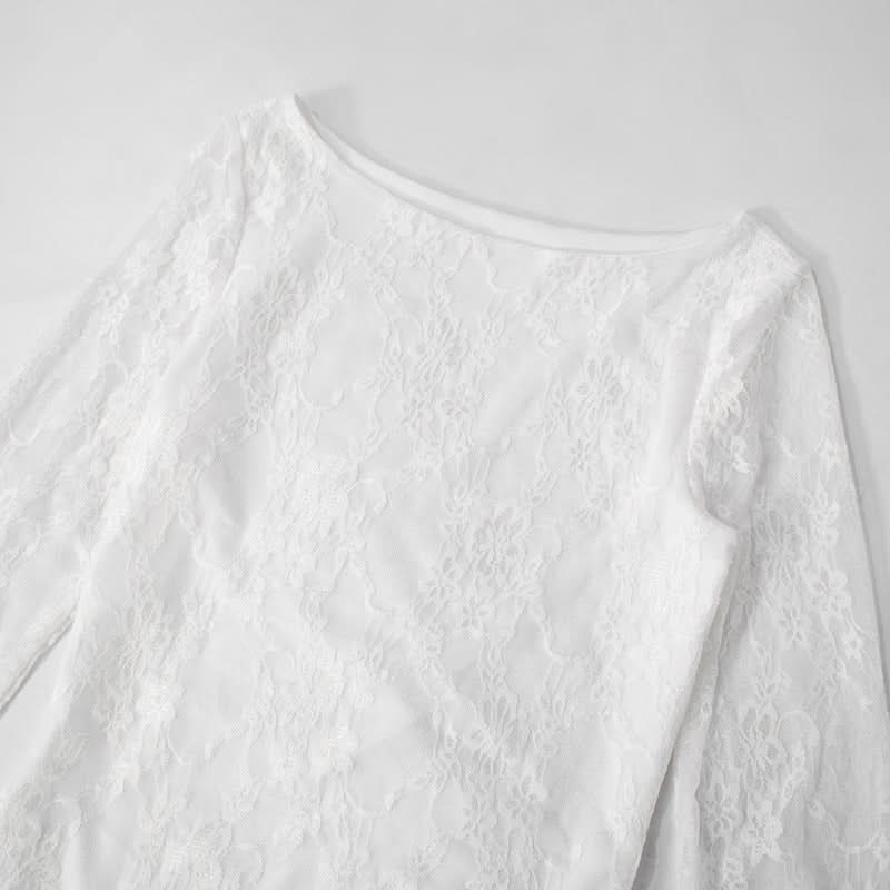 Coquette Lace Long Sleeve Mini Dress - Ethereal White Ruffle & Tie Detail Dress for Fall Parties