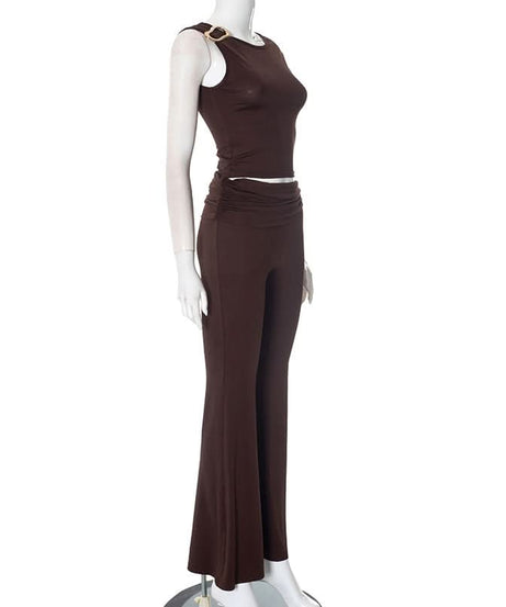 Effortless Fall Glam: Luxe Gold-Detail Ruched Top & Flare Pant Set