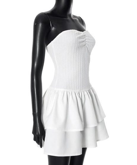 Flirty Ribbed Strapless Tiered Mini Dress | Chic White for Fall Parties & Vacation