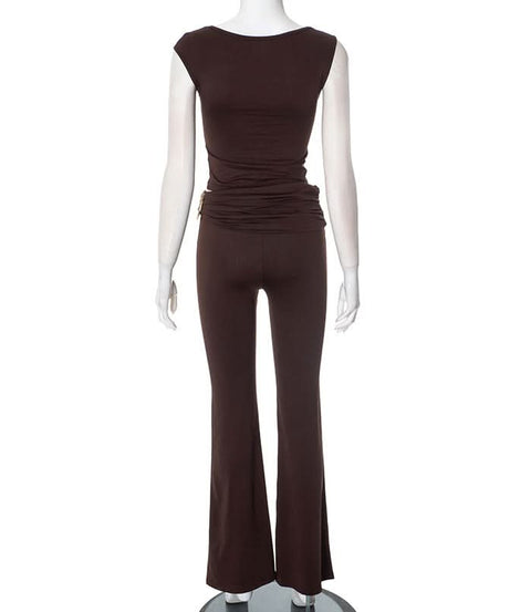 Effortless Fall Glam: Luxe Gold-Detail Ruched Top & Flare Pant Set