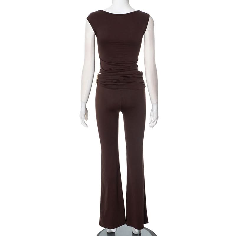 Effortless Fall Glam: Luxe Gold-Detail Ruched Top & Flare Pant Set