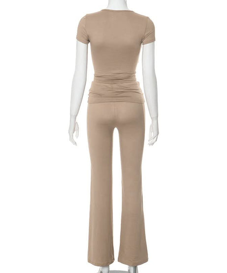 Effortless Fall Chic: Ruched Short Sleeve Top & High-Rise Flare Pants Set