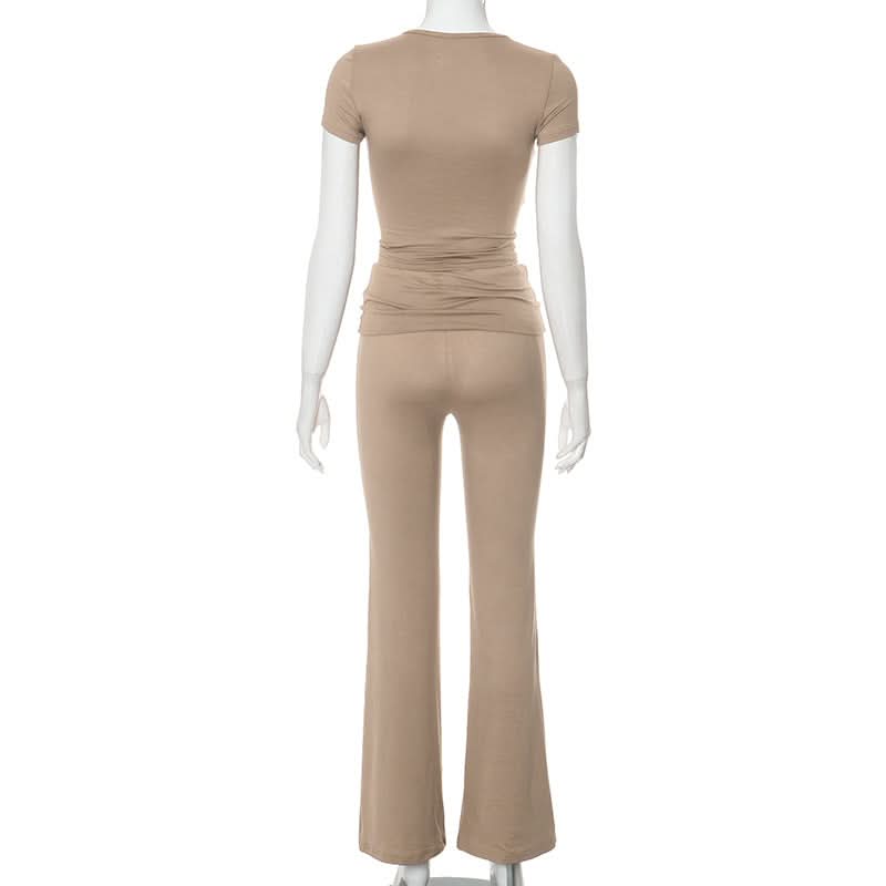 Effortless Fall Chic: Ruched Short Sleeve Top & High-Rise Flare Pants Set