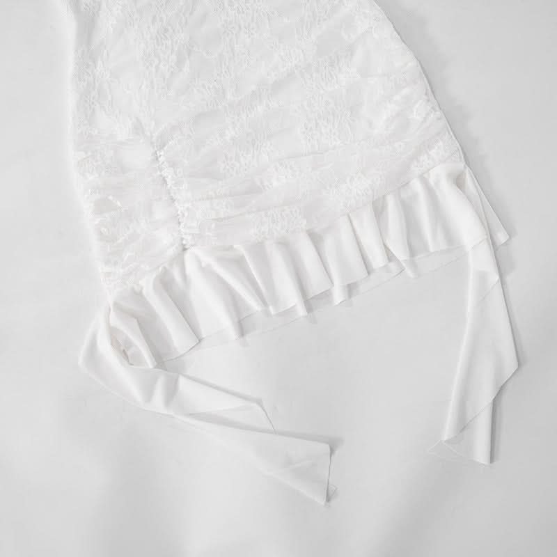 Coquette Lace Long Sleeve Mini Dress - Ethereal White Ruffle & Tie Detail Dress for Fall Parties