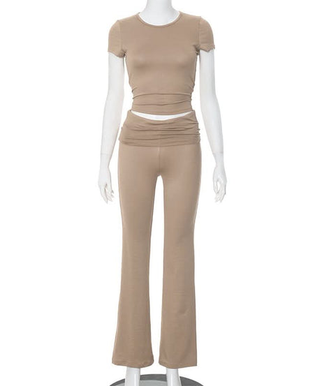 Effortless Fall Chic: Ruched Short Sleeve Top & High-Rise Flare Pants Set