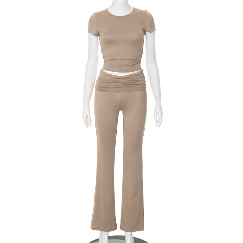 Effortless Fall Chic: Ruched Short Sleeve Top & High-Rise Flare Pants Set