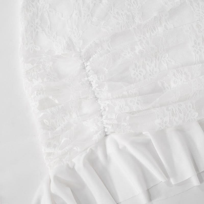 Coquette Lace Long Sleeve Mini Dress - Ethereal White Ruffle & Tie Detail Dress for Fall Parties