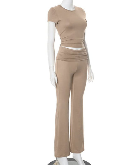 Effortless Fall Chic: Ruched Short Sleeve Top & High-Rise Flare Pants Set