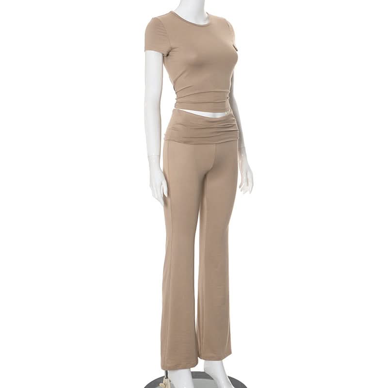 Effortless Fall Chic: Ruched Short Sleeve Top & High-Rise Flare Pants Set