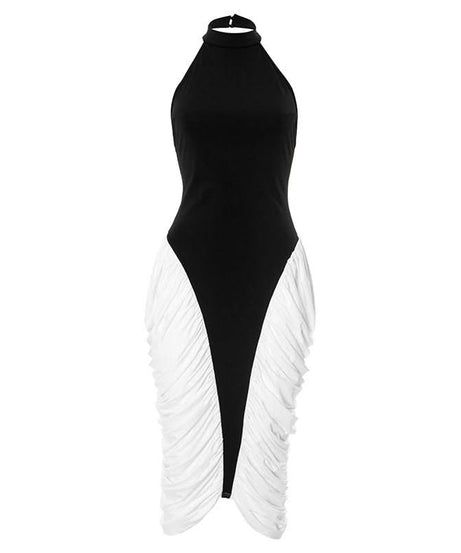 Statement Halter Black & White Ruched Midi Dress - Fall & Holiday Chic