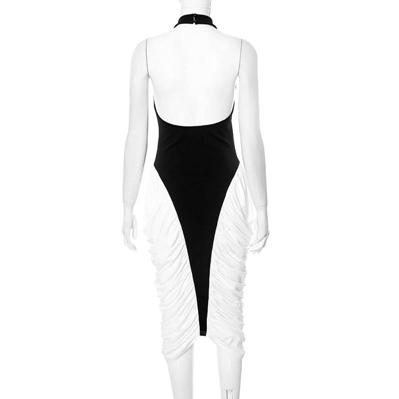 Statement Halter Black & White Ruched Midi Dress - Fall & Holiday Chic