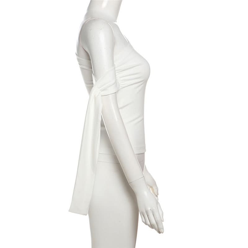 Elevate Your Fall Style: Asymmetrical One-Shoulder Ruched Top with Statement Tie